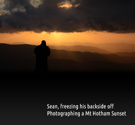 Image of Sean, freezing his backside off while photographing a Mt Hotham Sunset